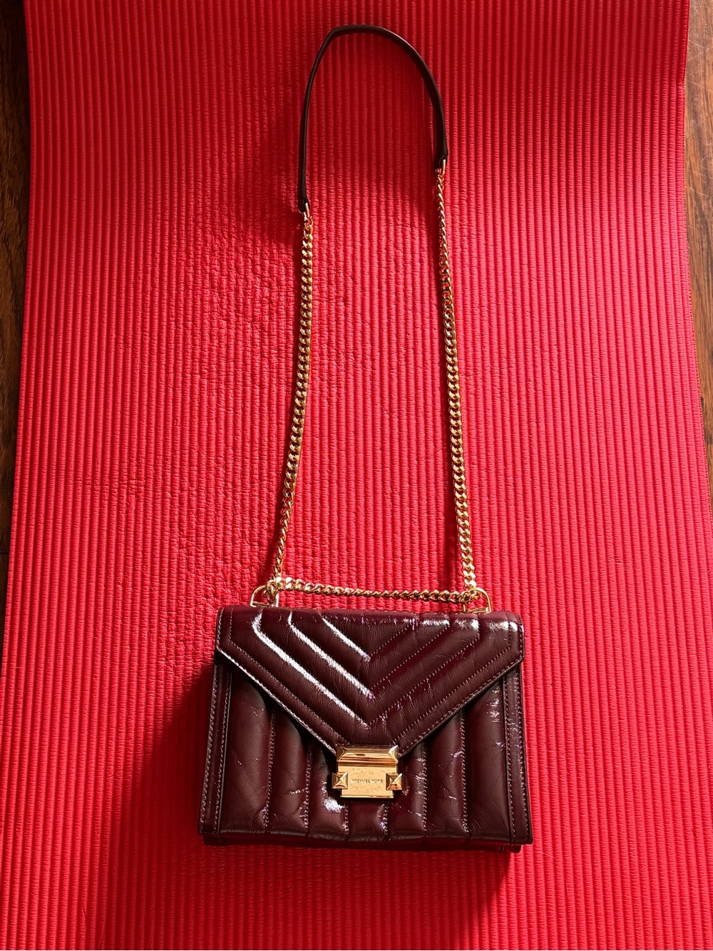 MICHAEL Michael Kors Quilted Burgundy Patent Crossbody with Gold Chain